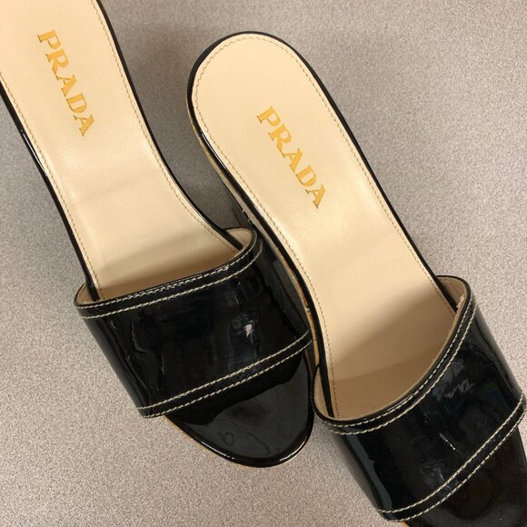 PRADA Black Patent Leather Cork Platform Block Heel Slide Sandals Size EU 38  ** - Picture 2 of 9